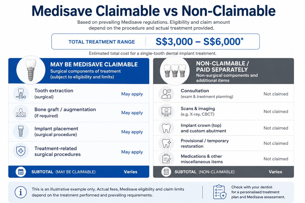 Breakdown of MediSave claimable and non-claimable items in a Singapore dental implant quotation